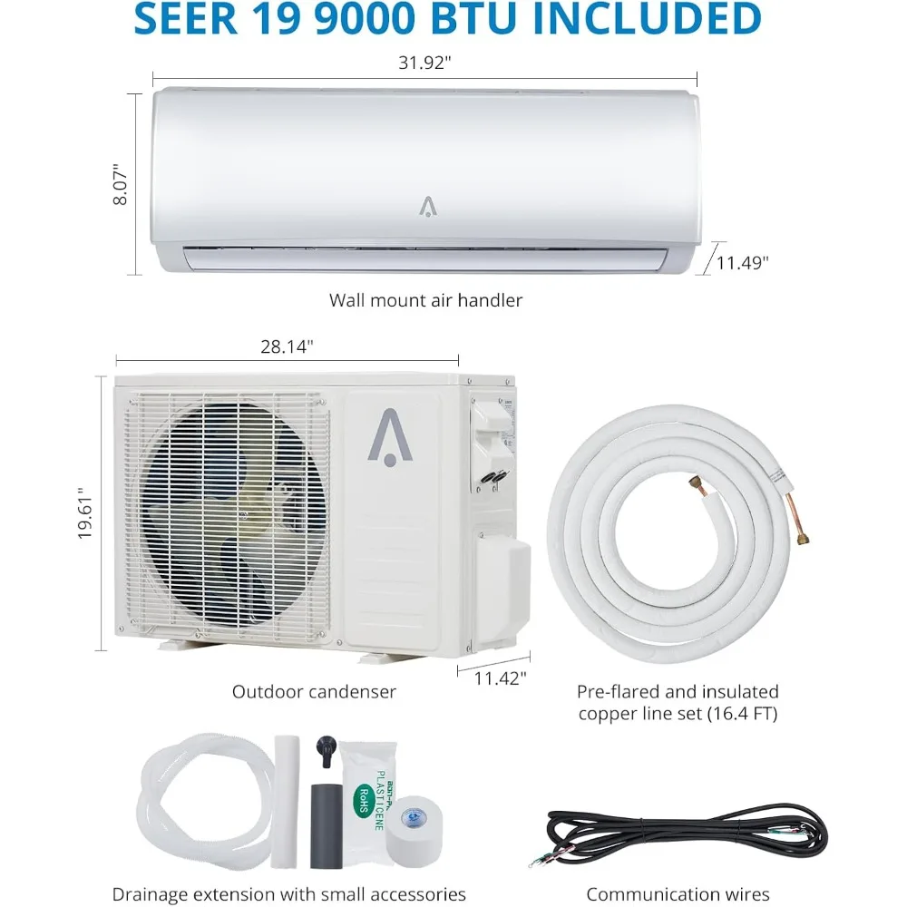 9,000 Btus Mini Split AC, 19 SEER2 Wall Mounted AC with Heat Pump & Installation Kits, Air Conditioners Cools Remote Control