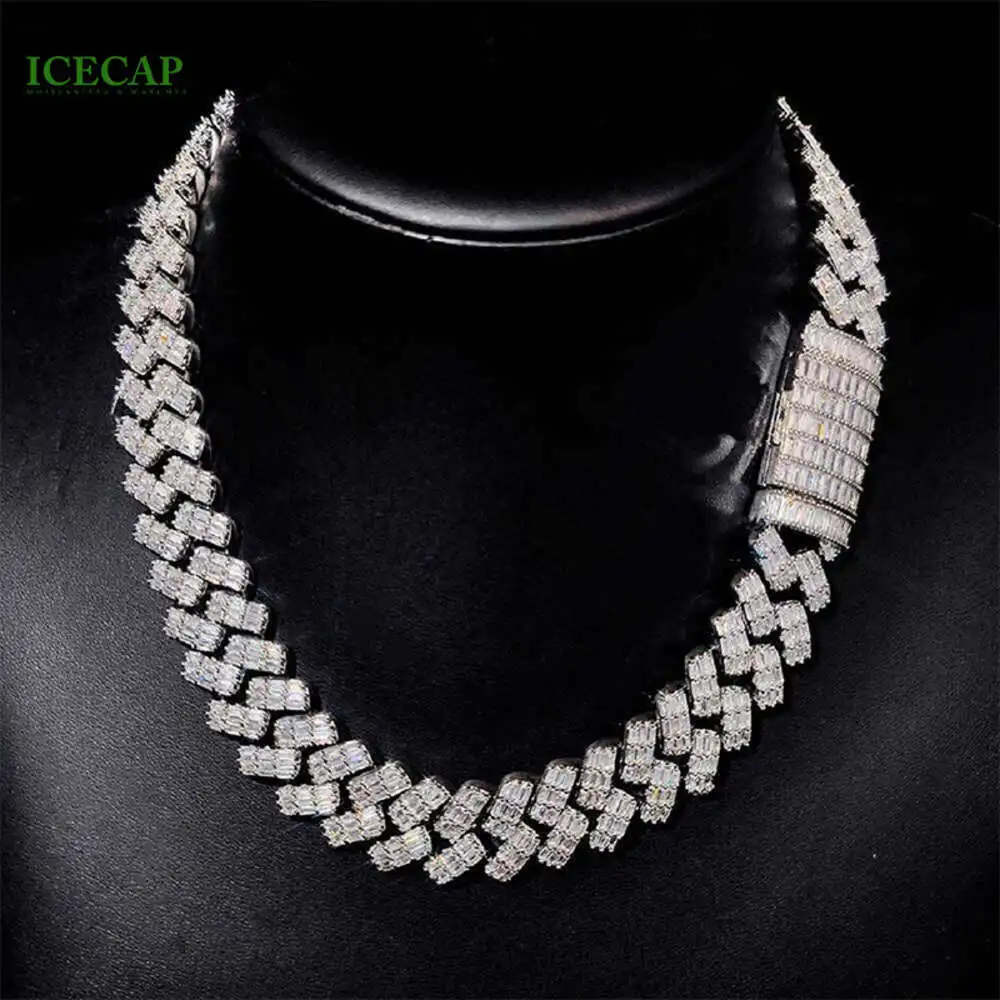 

Hip Hop Jewelry Vvs Moissanite 2 Rows Baguette Cut Diamond Cuban Link Chain 925 Silver Men Cuban Necklace