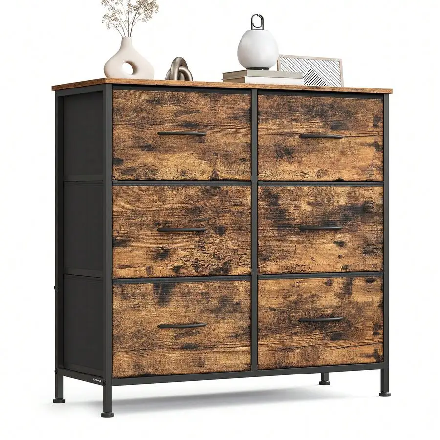 Dresser For Bedroom, Chest Of Drawers, TV Stand, Steel, MDF, 6 Non-Woven Fabric Drawers, Storage Organizer Unit, Closet, Entryway