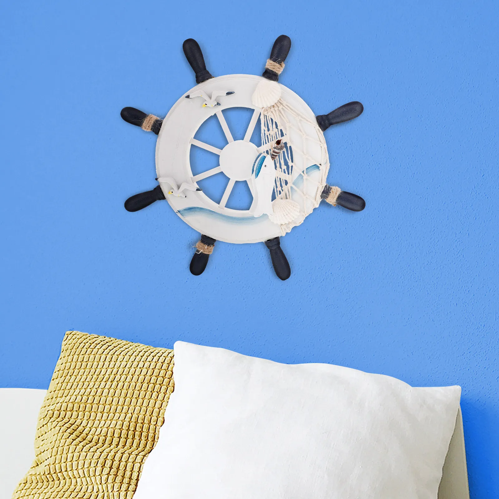 Ship Wheel Wall Hanging Nautical Marine Coastal Decor Beach Home Bathroom Ocean Themed Living Art Handcrafted Density