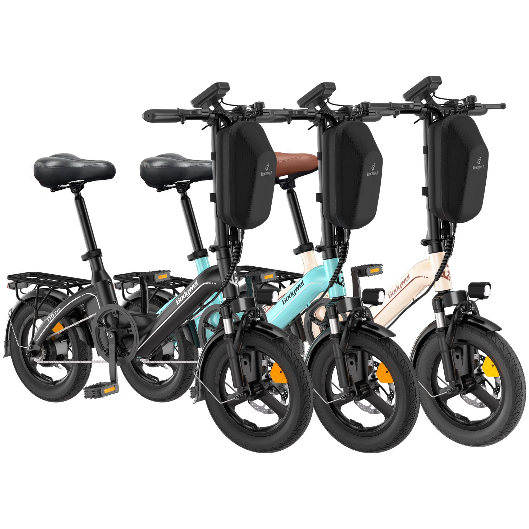 Bodywel T16Pro Faltbares Elektrofahrrad 250W 36V 10,4Ah 14" Kompaktes E-Bike für Jugendliche, mit Vorderradfederung, Doppelscheibenbremsen, LCD-Display, Halloween-Weihnachtsgeschenk