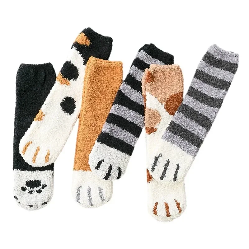 

Cute Cat Paw Pattern Crew Women's Socks Winter Warm Thick Cozy Plush Home Floor Sock Outdoor Cold Snow Unisex Versatile Sox