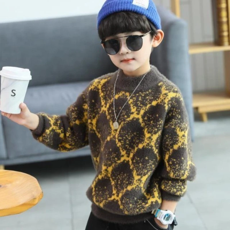 Boys Faux Mink Velvet Sweater Autumn Winter Thick Warm Pullover Kids Fashion Knitwear Casual Base Layer Top