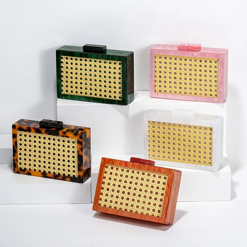 2025 Woman Leopard Fashion Rattan Handmade Woven Acrylic Box Clutches Evening Bag Female Party Handbag Wedding Bridal Purse
