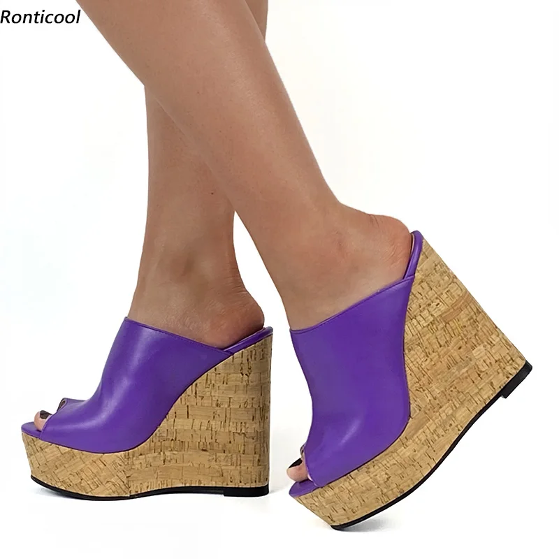 

Ronticool/женские сандалии-мюли ручной работы, пробковые туфли на танкетке с открытым носком, великолепная фиолетовая обувь для вечеринок, женская обувь для вечеринок, размер США, большие размеры 5-20