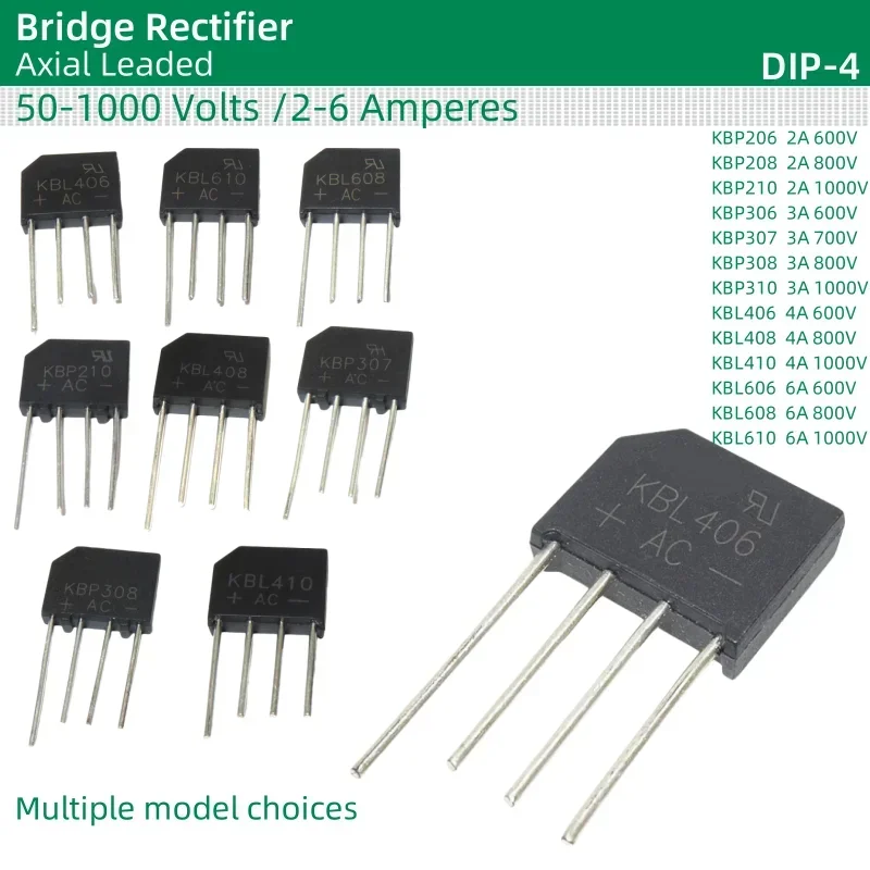 20pcs/lot Bridge Rectifier DIP-4 KBP206 KBP208 KBP210 KBP306 KBP307 KBP308 KBP310 KBL406 KBL408 KBL410 KBL606 KBL608 KBL610