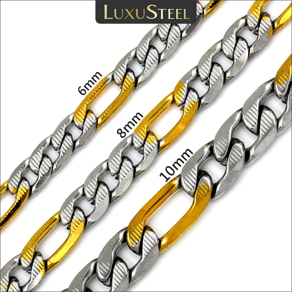 LUXUSTEEL 6/8/10MM Men's Figaro NK Chain Necklace Stainless Steel Gold Color Mixed Silver Color Curb Link For Women Jewelry Gift