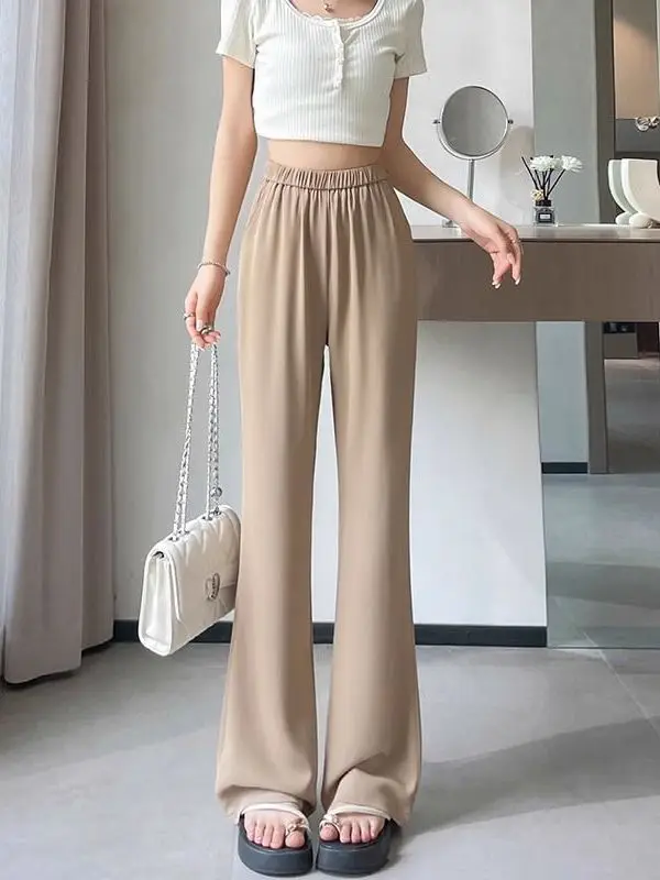 플러스 사이즈 아이스 실크 플레어 팬츠 여성 여름 얇은 하이웨이스트 루즈 슬리밍 드레이프 캐주얼 바지 한국 스타일 출퇴근 바람막이