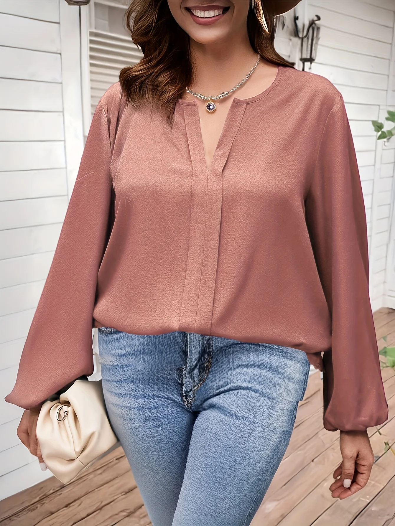 Blusa de manga larga de satén malva para mujer, talla grande, cuello en V, corte holgado, manga acampanada, Top informal de oficina 2025