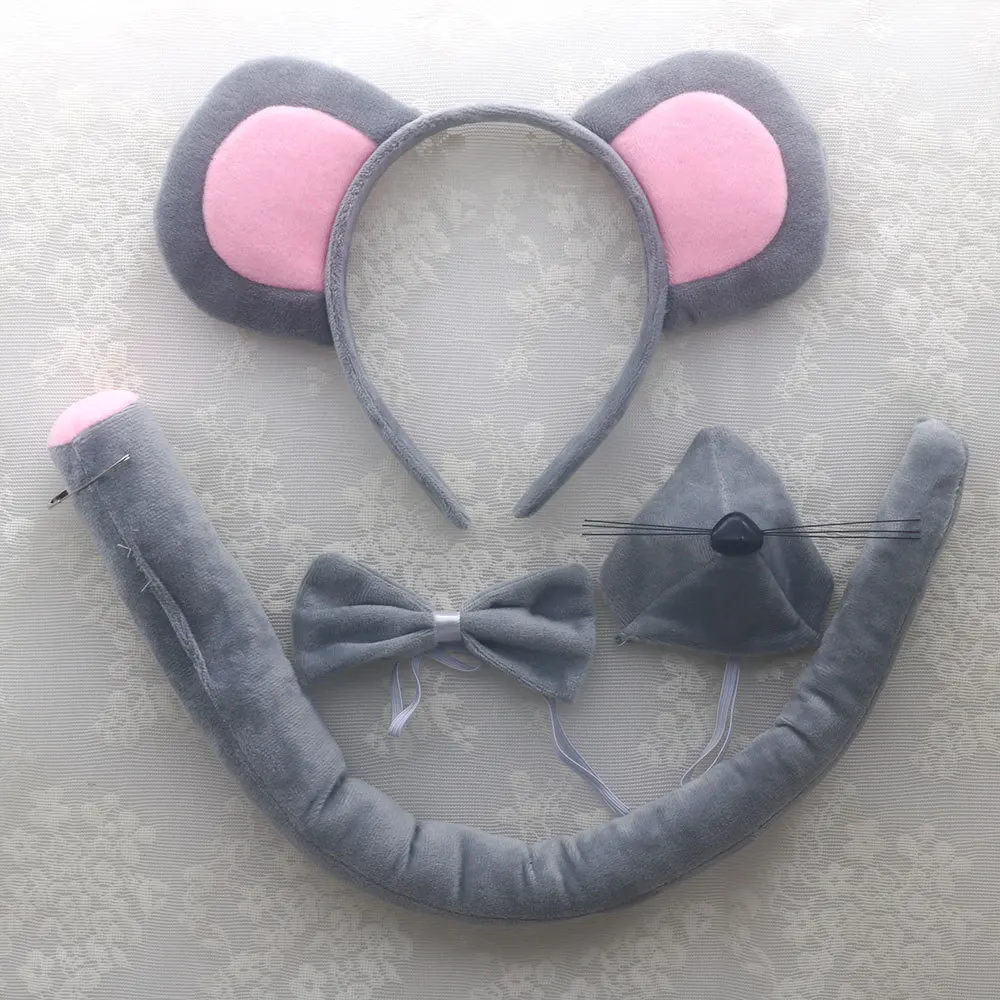 Kids Pig Headband Kawaii Gray Mouse Ears Headpiece Halloween Party Pink Tie Tail Bow Neck Tie 3D Cartoon Animal Short Plush Set
