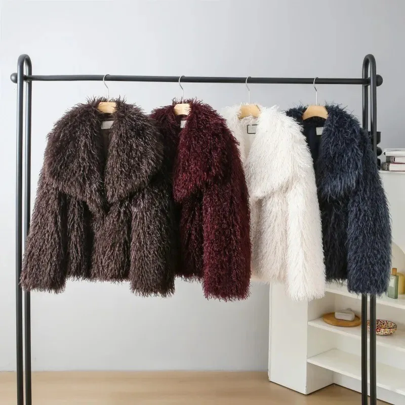 Faux Mongolia Sheep Fur Coats Women Solid Short Jackets Turn Down Collar Open Stitch Thick Straight Casual 2026 Autumn Winter