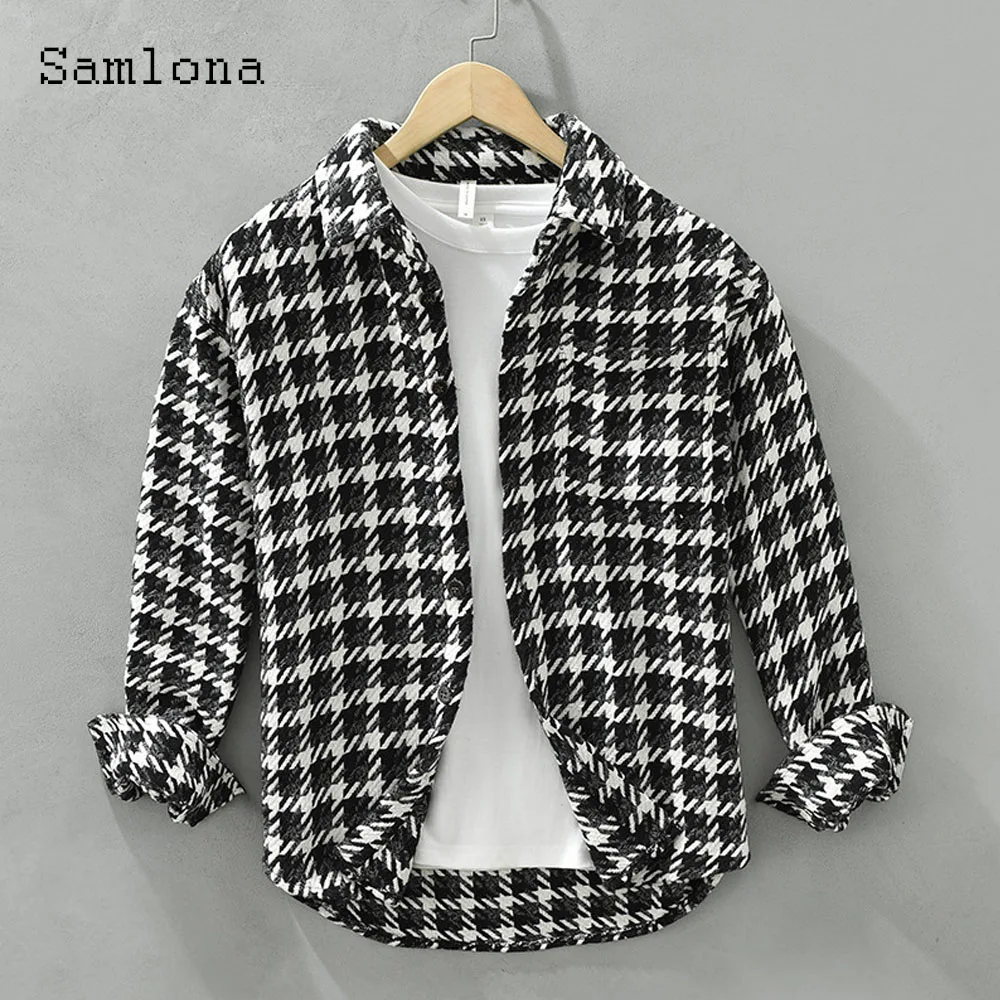 Kpop Style Fashion Houndstooth Shirts Men Vintage Street Blouse 2023 Single Breasted Tops Mens Casual Pocket Shirt blusas hommes