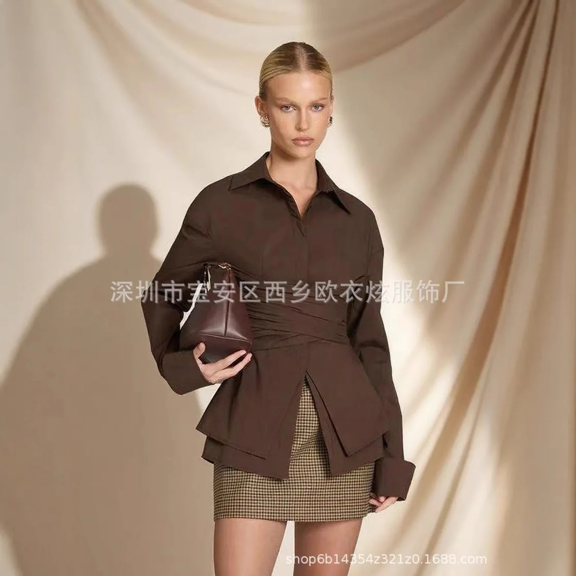 Lady Cloth Run! And Autumn. New Elegant Lady Cloth Pleated Waist-cinching 124mature Waist Design Long Sleeve Elegant Shirt Y2k、