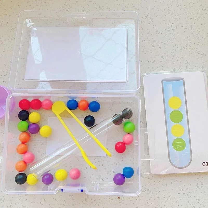 Montessori Clip Beads Test Tube Set, Wooden Tweezer & Colored Beads, Develops Fine Motor Skills and Color Matching for Ages 2-5