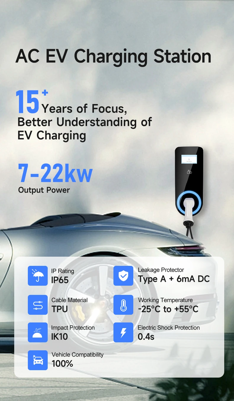 Wall Mounted AC 22kW Electric Car Charger for Home Use EV Charging Station