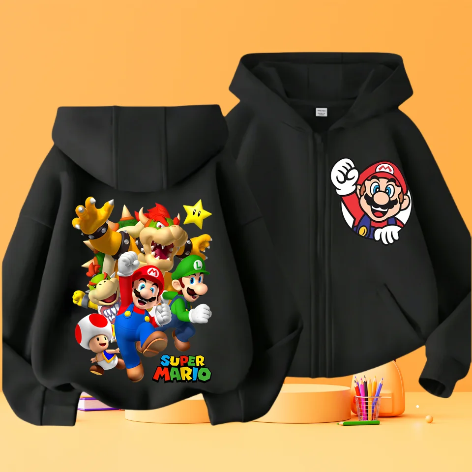 Marios Kids Zip Up Hoodie, Front & Back Print Mario Luigi Yoshi Peach Graphic Jacket, Boys Girls Casual Hooded Coat