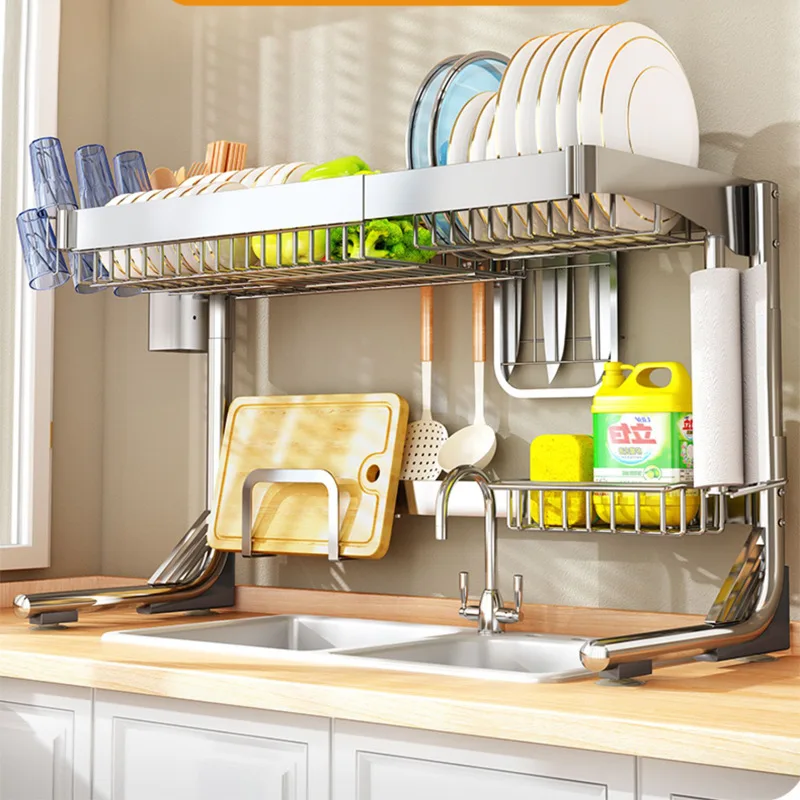 Stainless Steel Kitchen Cutlery Storage Rack Retractable Sink Cutting Board Bowl Spatula Drain Holder Kitchen Supplies Organizer