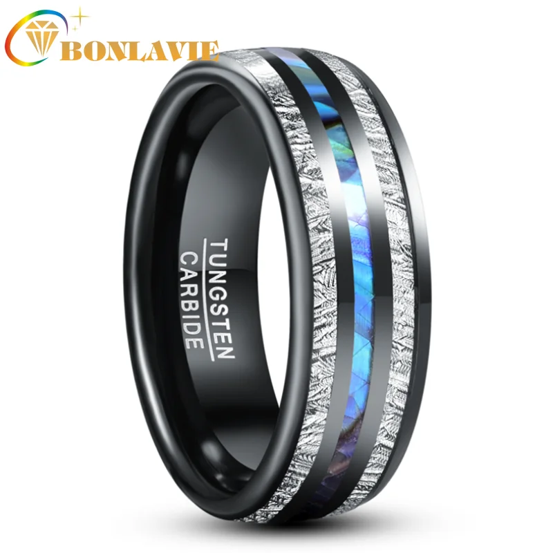 BONLAVIE 8mm Tungsten Carbide Ring Black Inlaid Meteorite Anel Masculino Abalone Shell Dome Opal Ring For Men Jewelry