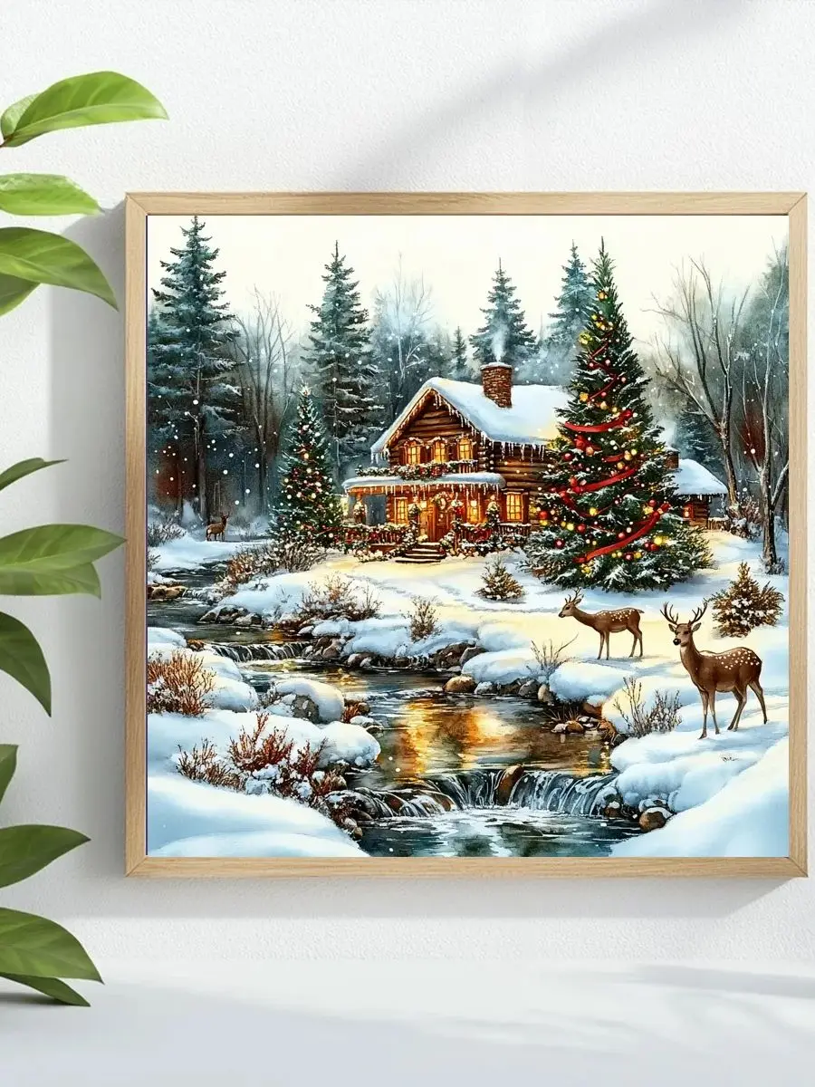 1 Stück 40x40 cm/15,74 Zoll „Die Schneeszene vor dem Haus zu Weihnachten“ Gestempeltes Kreuzstich-Set DIY-Kit 11CT/14CT Wanddekoration – Detail 1
