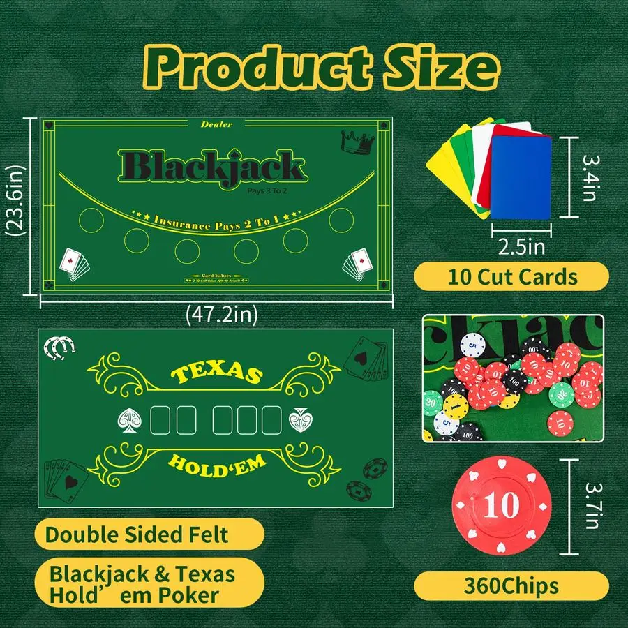 Set da gioco da tavolo, set da poker Blackjack Texas Holdem con pattino per carte, vassoio per dischi, mescolatore automatico, rastrello per trucioli, 360 fiches, 8 mazzi di gioco