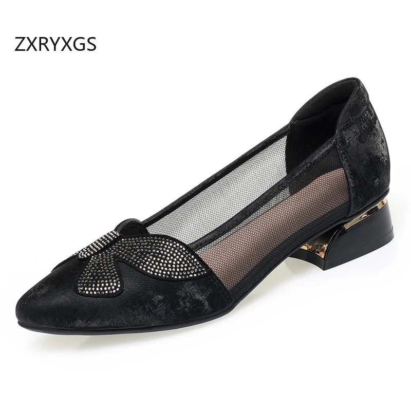 

ZXRYXGS 2025 летние новые модные сетчатые сандалии из натуральной кожи, удобные элегантные сандалии с острым носком и стразами, женские сандалии на низком каблуке, большой размер