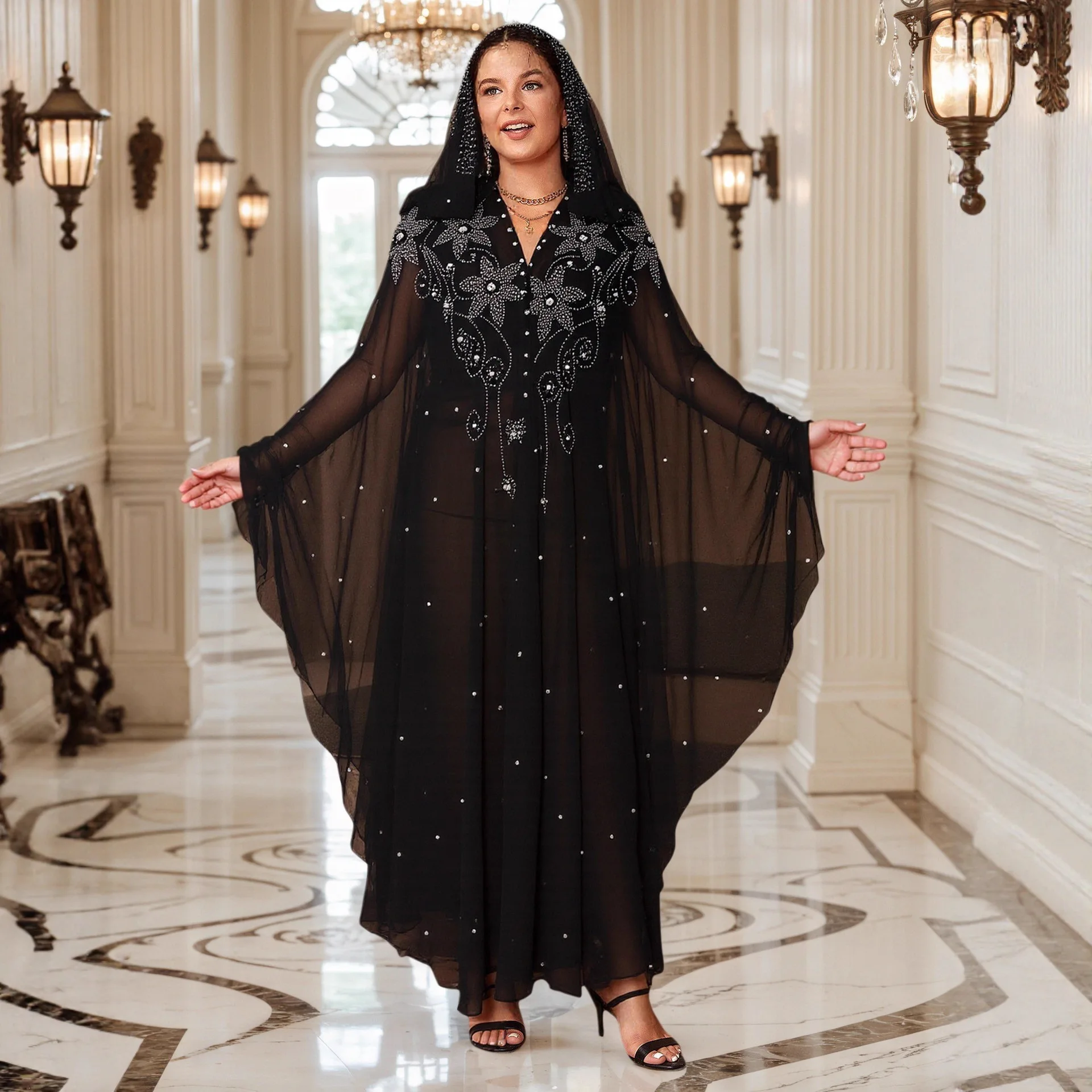 Элегантное африканское женское шифоновое праздничное платье Дубай с жемчугом и бриллиантами, с капюшоном, Абая, мусульманское платье с рукавами «летучая мышь», открытое кимоно Boubou, марокко, кафтан