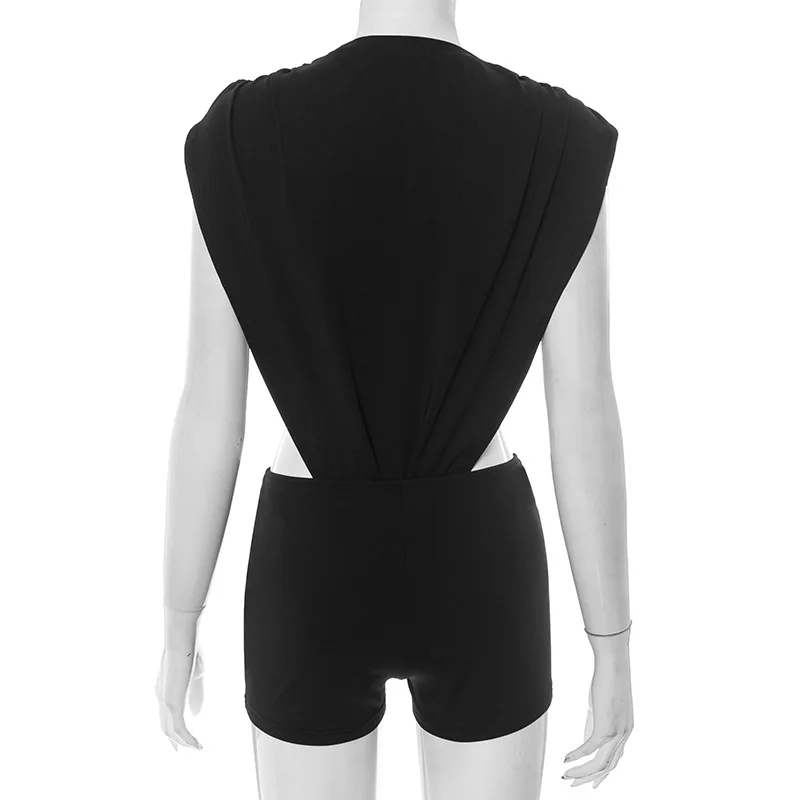 Women Black Sexy 2 Piece Set Side Hollow Out O-neck Ruched Sleeveless Bodysuits Tops + Skinny Shorts