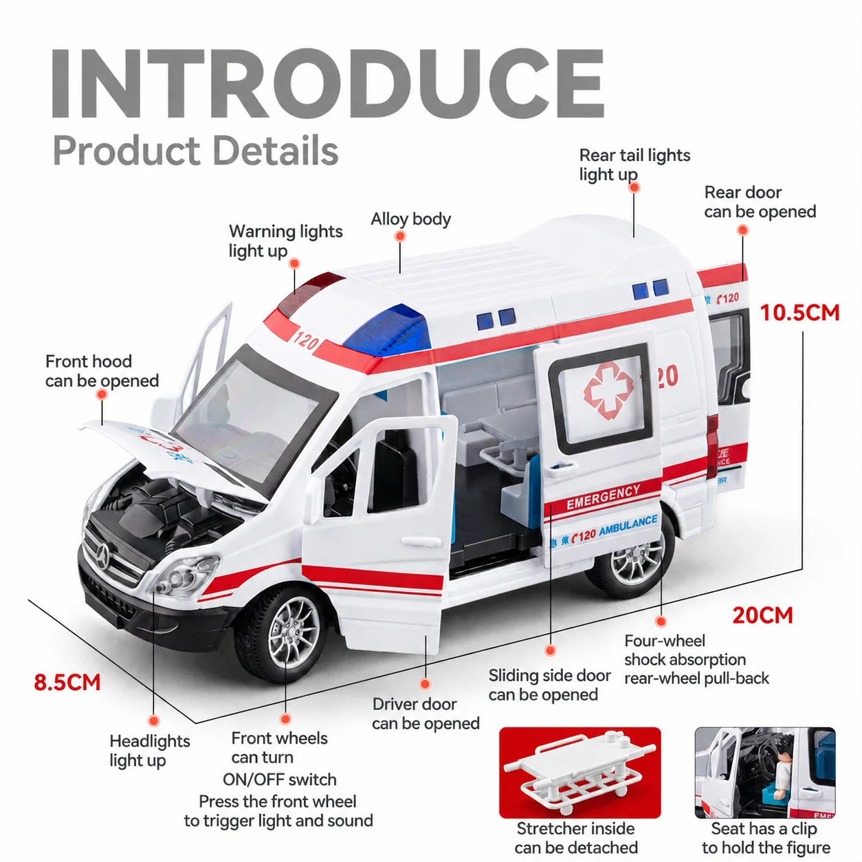 1:24 Realistic Ambulance Alloy Diecast Model, Sound & Light, Shockproof & Drop Resistant Toy Car, Birthday Gift for Boys