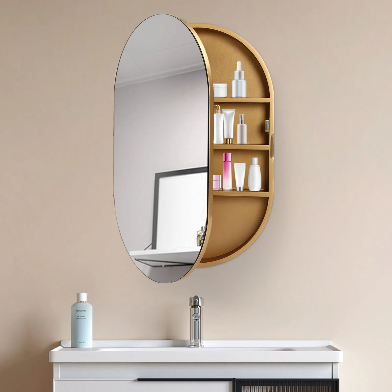خزانة مرآة حمام بيضاوية مع مساحة تخزين، مرآة خزانة طبية مثبتة على الحائط، مرآة حمام ذهبية 50.2 × 78.3 سم، بدون أضواء #6