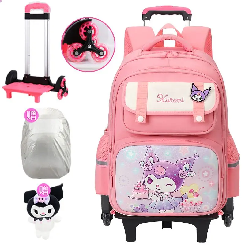 Детская школьная сумка Sanrio на тележке, аниме-фигурка Kuromi Kawaii, большая вместимость, водонепроницаемая, супер легкая, дышащая