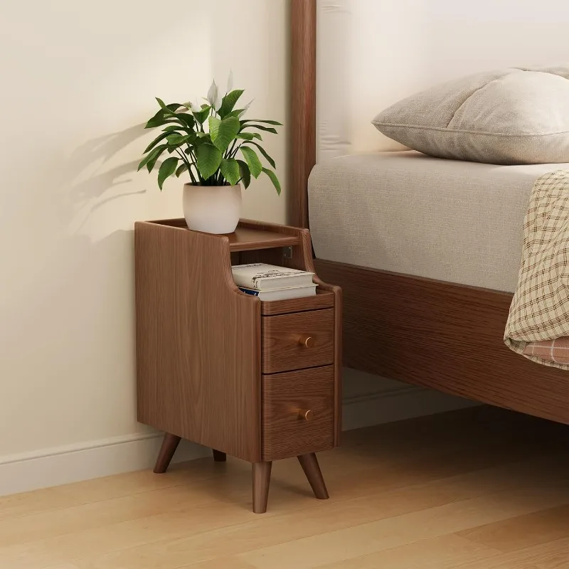 

POPULAR.Small Nightstand with Drawers, Solid Wood Bedside Table, Narrow Walnut Nightstand for Bedroom