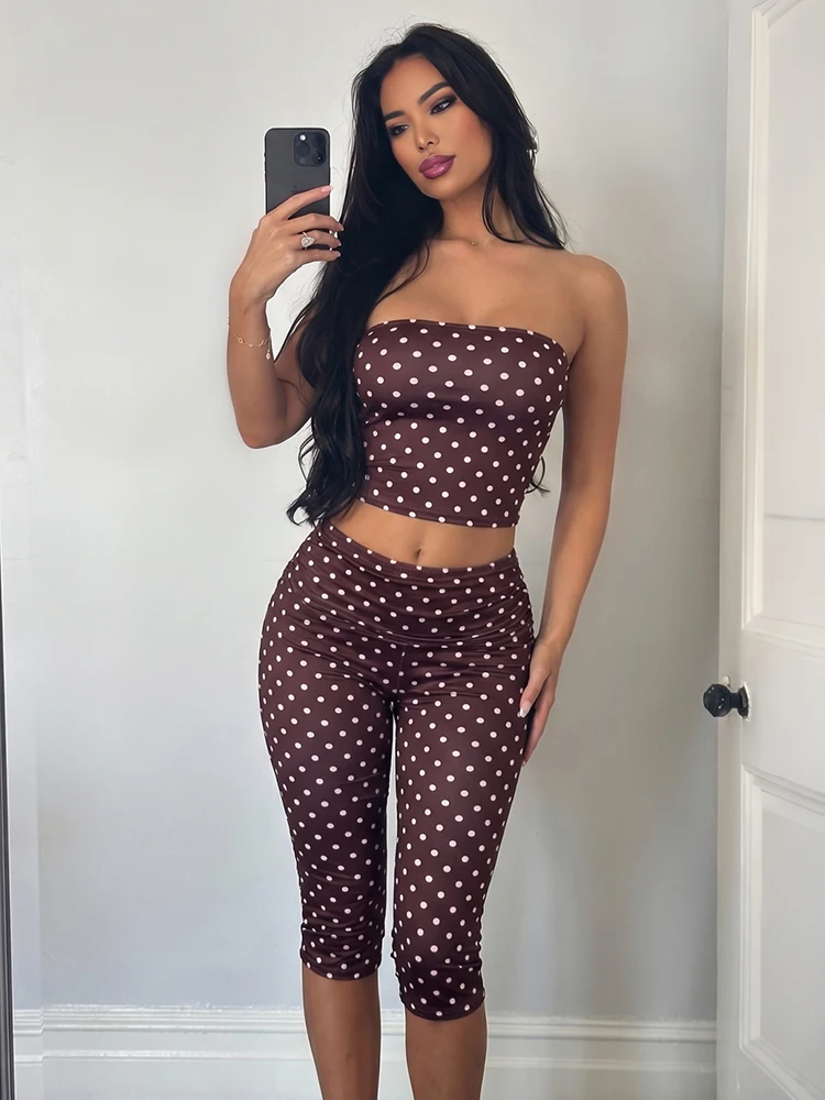 Kliou Polka Dots Print Shorts Suits Woman Sexy Wrap Chest Backless Tube Tops+Skinny Peach Hip Shorts Elegant Style 2 Piece Set