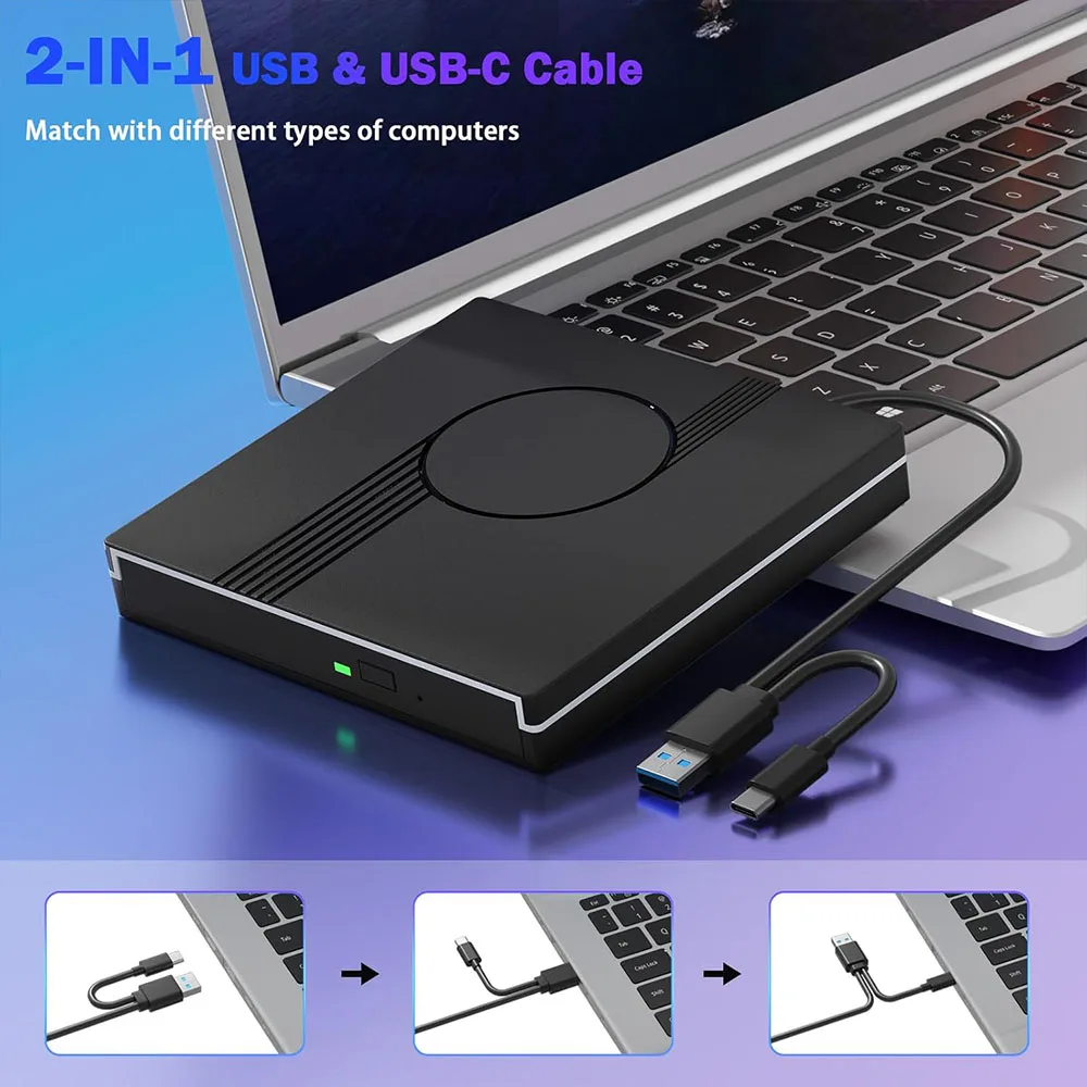 RGB External CD/DVD Drive for Laptop PC,USB 3.0 Type-C Portable DVD Player,CD Burner +/-RW Optical Drive for Windows10/11 Mac OS