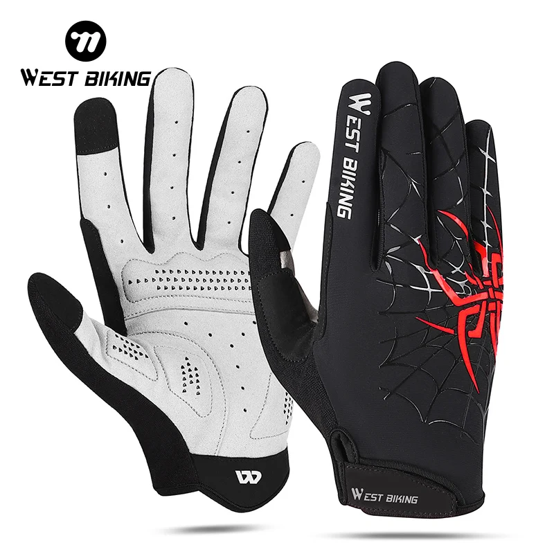 WEST BIKING-guantes de ciclismo para hombre y mujer, manoplas antideslizantes de dedo completo para pantalla táctil, con patrón de araña, para