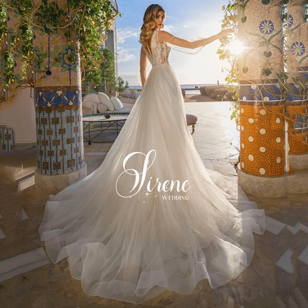 Sirene-Robe de Mariée Trapèze à Col Rond, Manches sulf, Appliques en Dentelle, Plis, Tulle Moderne, Quelle que soit la Tension Icide, Dos aux, Traîne à lèvent