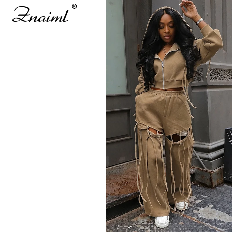 

Znaiml Women's Streetwear Set Long Sleeve Hooded Zipper Sweatshirt And Hollow Out Wide Leg Pants 2-Piece Autumn Sporty Outfit
