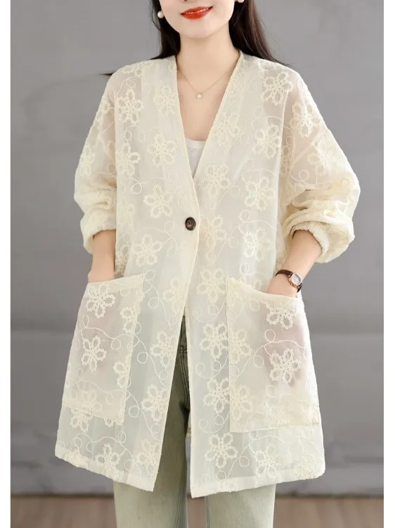 

Summer New Loose Thin Breathable Casual V-neck Long Coat Large Size Women's Fashionable Sun Protection Outerwear