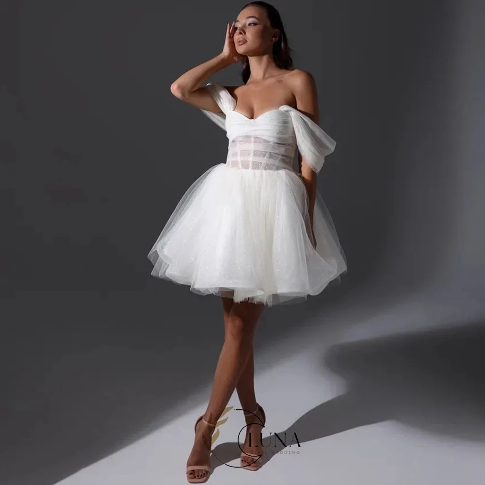 Luna Mini After Wedding Party Dresses for Bride Off the Shoulder Short Prom Gown Customized Shiny Tulle Bride's Dress