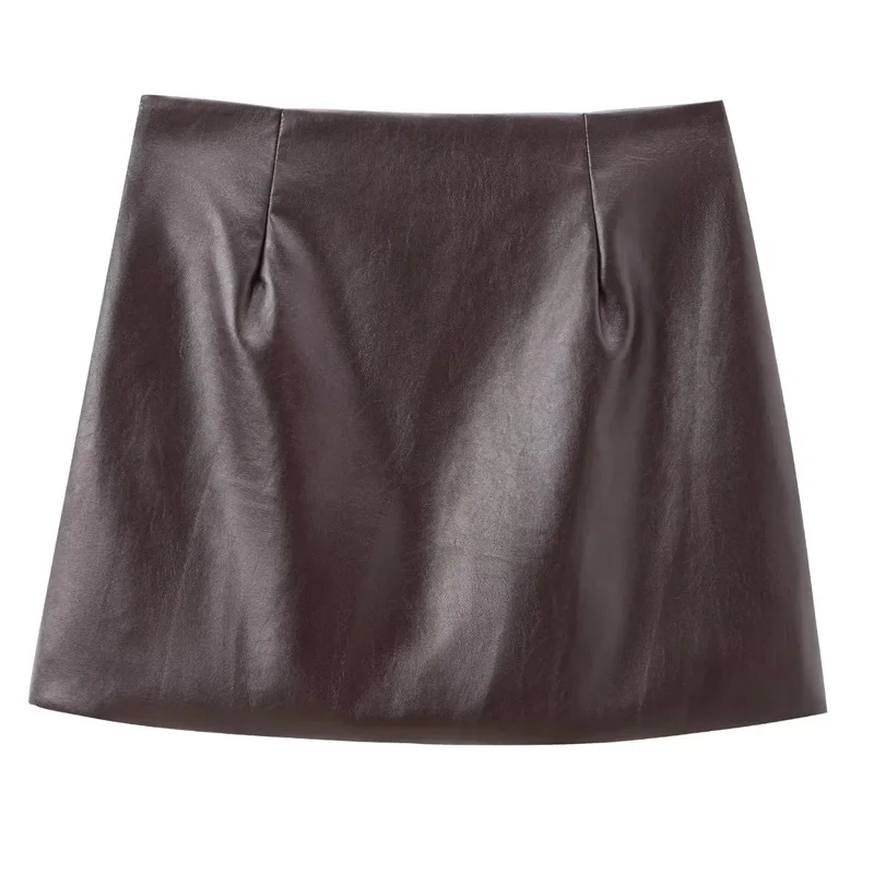 TRAF Women Faux Leather Skirt High Waist Vintage Brown Mini Skirt Woman Fashion Fall A Line Short Skirts Elegant Women\'s Skirts