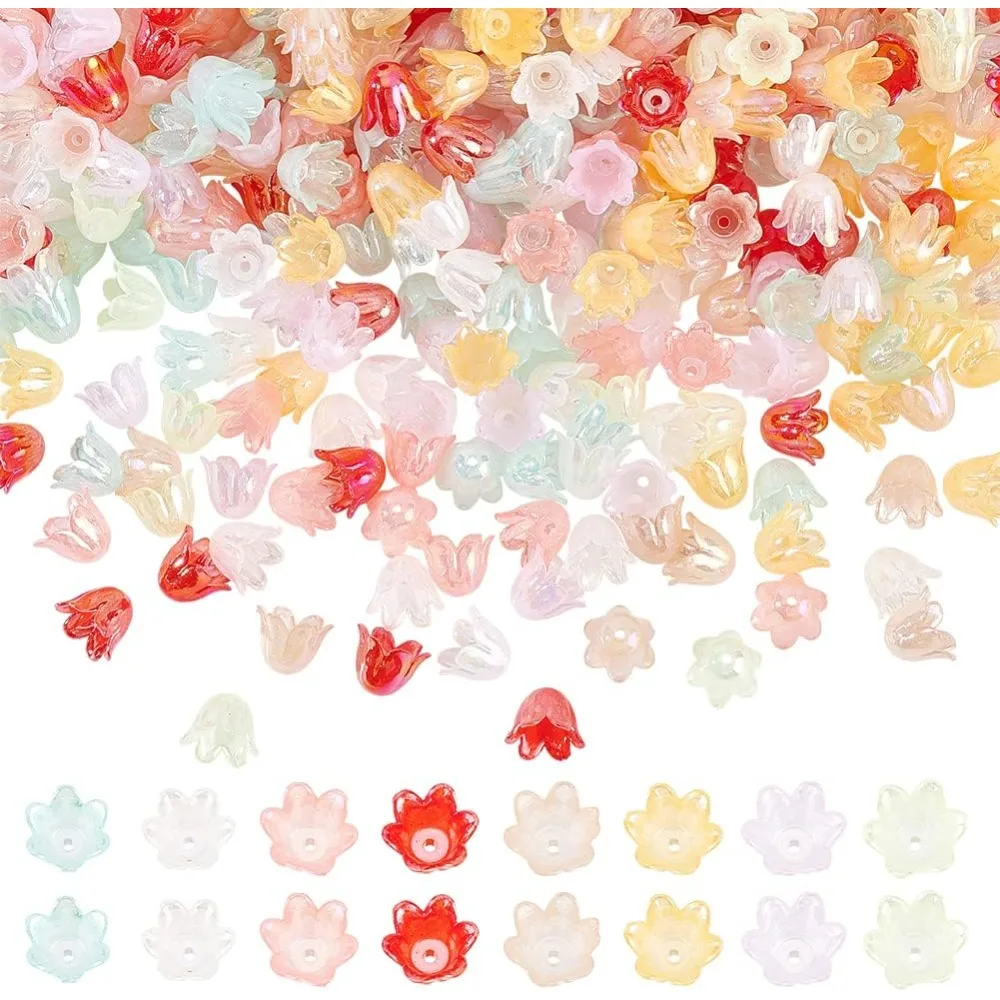 

560Pcs 8 Colors 6-Petal Bead Caps Acrylic Flower Bead Cap Convallaria Bead End Cap Imitation Jelly Acrylic Cap AB Color