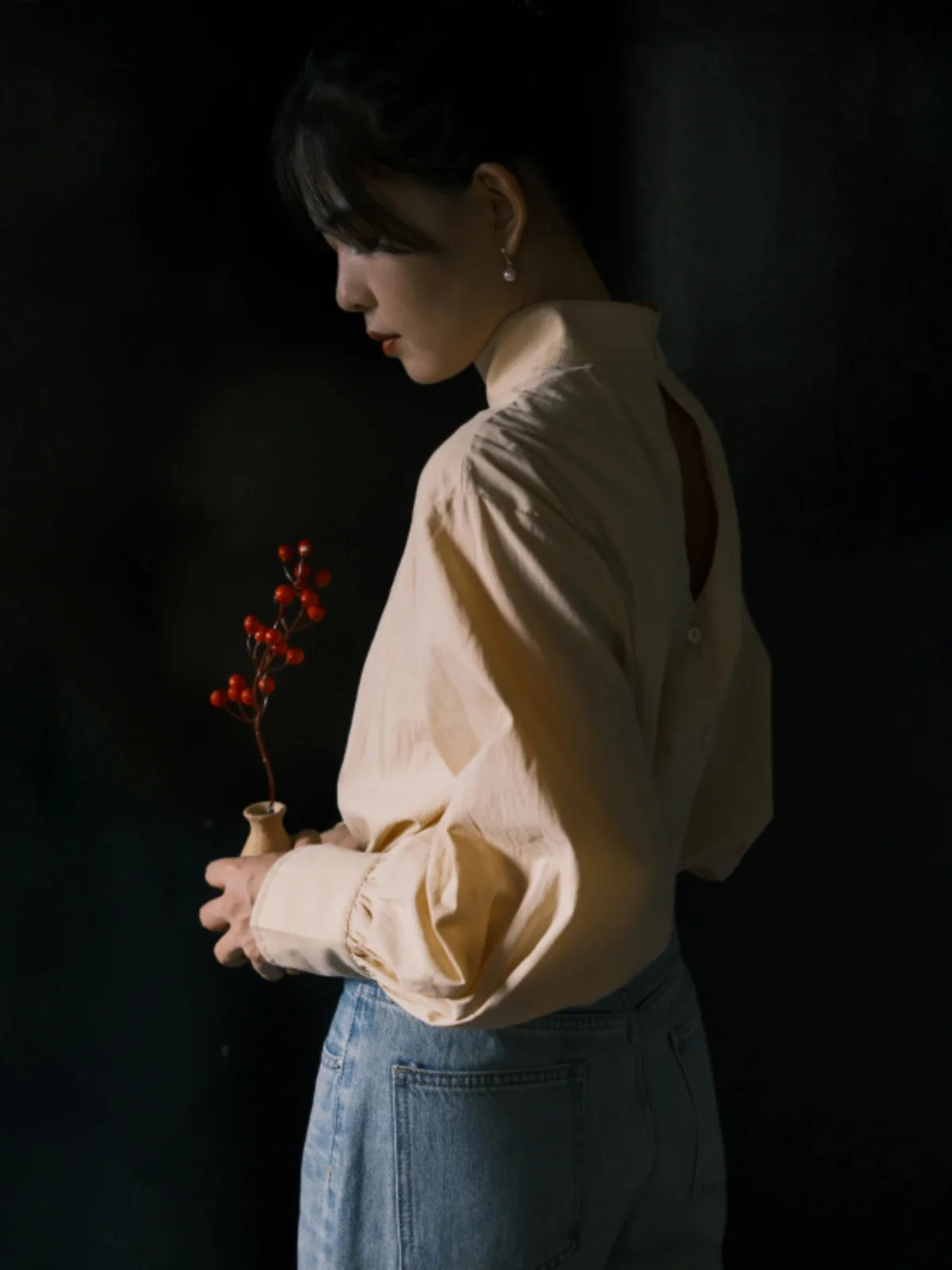 

Retro Japanese Sle Long Sve Button up irt Women's Spring Autumn Textured Stand Collar Lantern Sve Casual Loose Fit