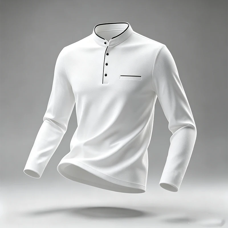 Herren-Polohemd mit Stehkragen, langärmelig, mit Brusttasche, ideal für Spaziergänge im Freien, Wochenendausflüge und Freizeitaktivitäten. – Detail 10