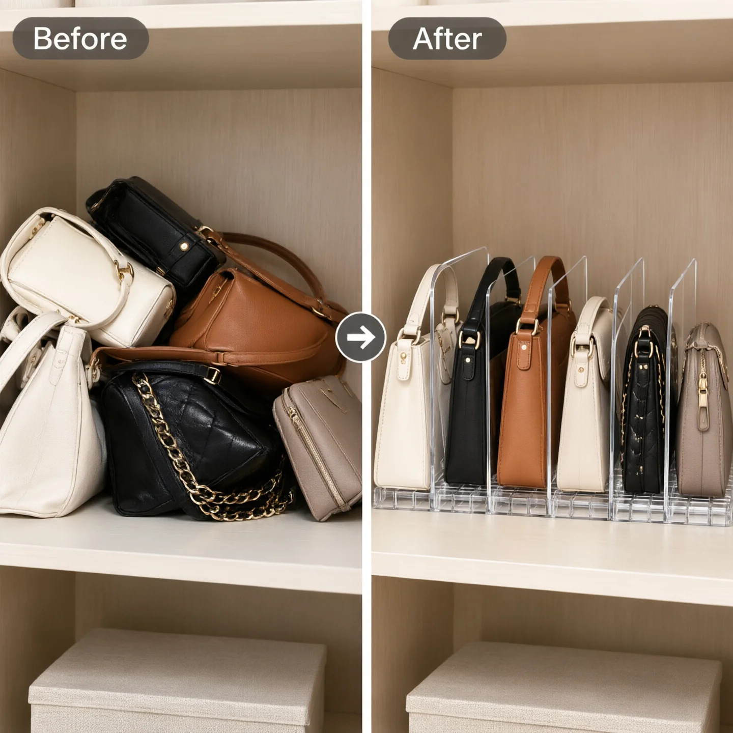 2 Bases & 7 Dividers Closet Storage Organizer, Multi-use Purse & Book Display Holder for Wardrobe Cabinet