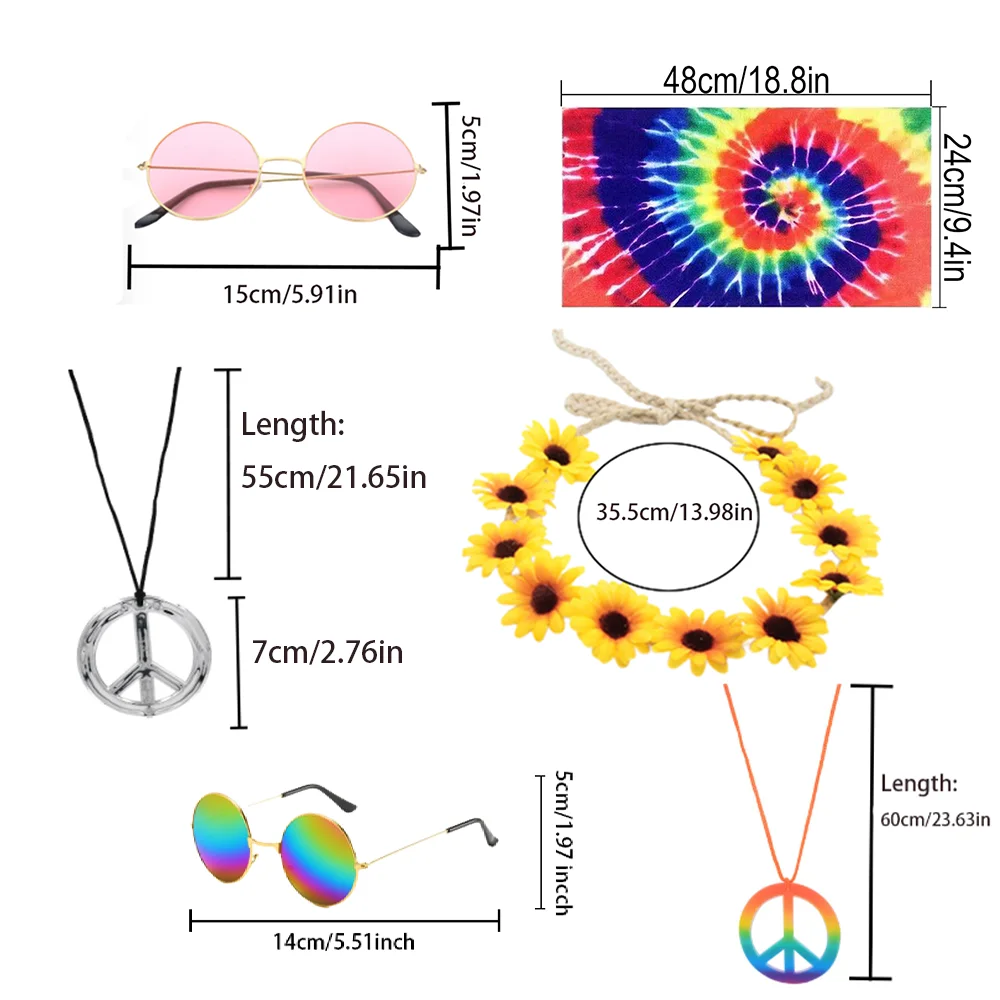 PESENAR Hippie clothing accessories: headscarves sunglasses headbands and peace logo necklace suitable for hippie-themed parties