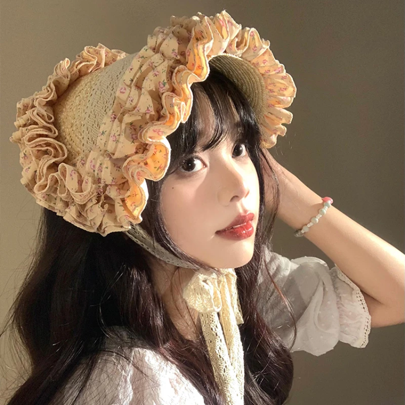 French Retro Lace Floral Woven Straw Caps for Women Summer 2024 New Seaside Beach Vacation Idyllic Sweet and Cute Strap Sun Hats