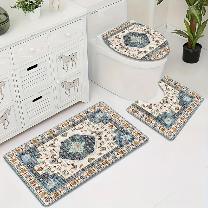 Patrón Retro francés artículos esenciales para el baño 3 unids/set esteras accesorios de decoración de franela para el hogar alfombra de suelo cubierta de inodoro 40*60/50*80 CM
