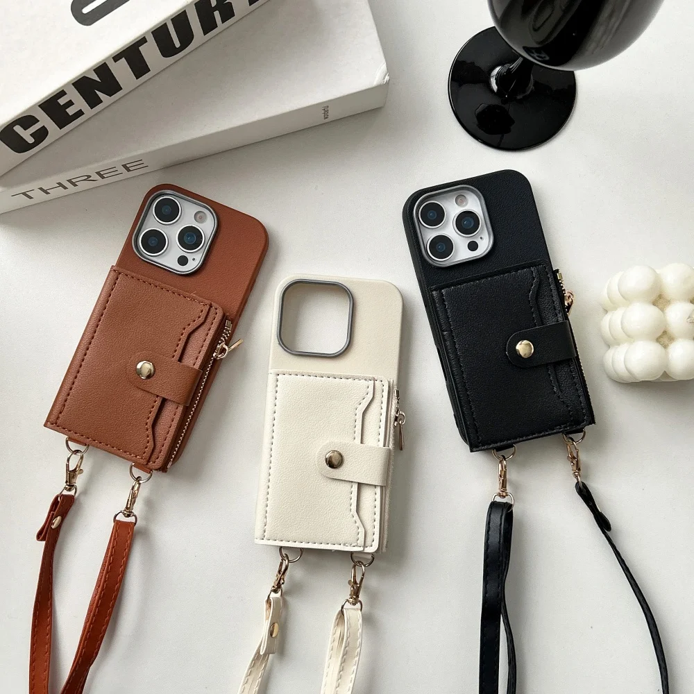 Crossbody Lanyard Card Slot Bag Bracket Leather Soft Phone Case For iPhone 16 15 14 13 12 11 Pro Max Plus Rope Neck Strap Cover
