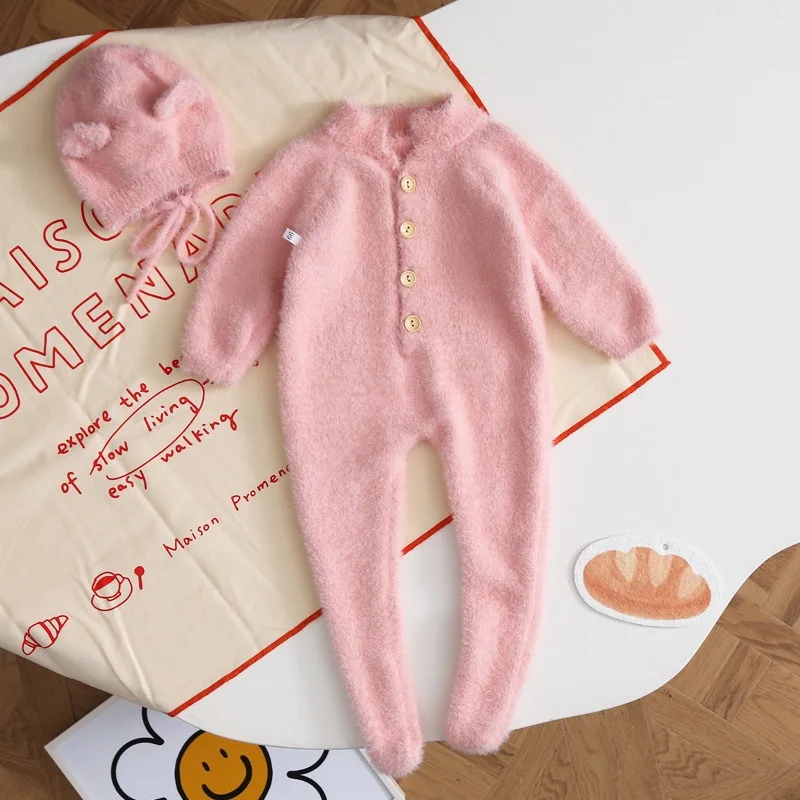 

Newborn Baby Kids Footies Rompers for Girls Boys Wool One-pieces Warm Button Fur Cute Bear Shape Foot Wrapping Bodysuit With Hat