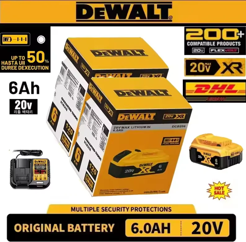 DEWALT بطارية ليثيوم أيون قابلة للشحن 20 فولت 5.0Ah/6.0Ah 18 فولت 5.0Ah بطارية أداة الطاقة DCB200 بديل حقيقي لـ DW045