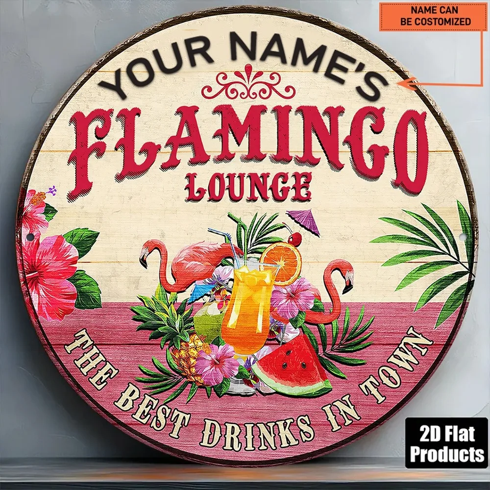 [2D Flat] 1pc Custom Name Flamingo Lounge Metal Sign Tropical Fruit Cocktail Patio Bar Wall Decor (Only For Decoration)